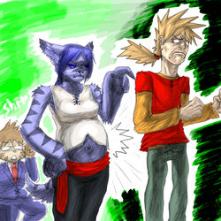 1:1 anthro belly big_belly clothed clothing demon female frown group human jake_thorndyke jakkai lazuli_(slightly_damned) looking_back male mammal pregnant rhea_snaketail shocked slightly_damned tail uhoh worried yellowpower