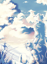 anthro blue_and_white canid canine cloud duo eyewear felid goggles grass hi_res kemono kenn male mammal monochrome outside plant sitting sky tail