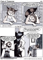 2011 anthro arm_support bella_tyler_moore bored cats_n&#039;_cameras clothed clothing comic dialogue domestic_cat dramatic duo english_text felid feline felis female fur greyscale hair james_m_hardiman josephine_rodgers leaning_on_elbow mammal marker_(artwork) mixed_media monochrome muted_colors pen_(artwork) restricted_palette shirt tail tank_top text topwear traditional_media_(artwork) url