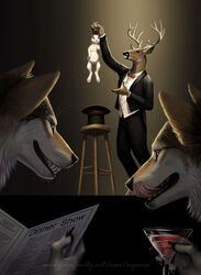 5_fingers alcohol anthro arms_bent audience bent_legs beverage black_nose black_tie_(suit) bottomwear bow_(feature) bow_tie brown_body brown_fur canid canine canis claws clothed clothing cocktail container cup dangling_legs deer detailed dress_shirt drinking_glass ear_grab fingers fully_clothed fur furniture glass glass_container glass_cup grabbing_both_ears group hand_on_ears hat headgear headwear held_up holding_beverage holding_character holding_container holding_cup holding_glass holding_menu holding_object hungry jacket lagomorph leporid licking licking_lips licking_own_lips lifted lifted_by_ears long_ears looking_at_another magic_hat-trick magic_trick magician magician_hat male mammal menu myenia nude open_mouth pants playbill predator/prey prick_ears programme pulled_from_hat rabbit raised_arm raised_hand self_lick service_menu shirt size_difference smile snout stage standing stool suit teeth tongue tongue_out top_hat topwear white_body white_fur wine_glass wolf