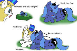 2011 alicorn armor bed blue_body blue_feathers blue_hair caluriri cutie_mark duo english_text equid equine feathered_wings feathers female feral friendship_is_magic furniture hair hasbro horn jackarunda male mammal my_little_pony mythological_creature mythological_equine mythology pegasi_guard_(mlp) princess_luna_(mlp) royal_guard_(mlp) simple_background tail text white_background white_body white_feathers wings