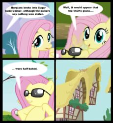 bakery building comic csi english_text equid equine eyewear feathered_wings feathers female fluttershy_(mlp) friendship_is_magic hasbro house humor mammal my_little_pony mythological_creature mythological_equine mythology parody pegasus pun sunglasses text unknown_artist wings yay yellow_body yellow_feathers