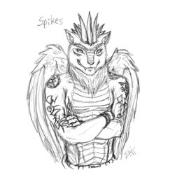 1:1 anthro canid canine canis claws crossed_arms demon demonic_drolfire dragon front_view fur furred_dragon furred_scalie half-length_portrait hybrid looking_at_viewer low_res male mammal monochrome mythological_creature mythological_scalie mythology portrait s.p.i.k.e.s. scalie simple_background smile smug solo tattoo undead vampire white_background wolf yellowpower