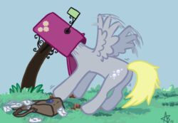 blackfeathr cutie_mark derpy_hooves equid equine feathered_wings feathers female feral friendship_is_magic grass grey_body grey_feathers hasbro in_mailbox mailbox mammal my_little_pony mythological_creature mythological_equine mythology outside pegasus plant solo stuck tail wings