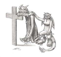 anthro bodily_fluids buwaro_elexion cross crying demon duo female grave jakkai lysanderxx male rhea_snaketail sad simple_background slightly_damned tail tears tombstone white_background