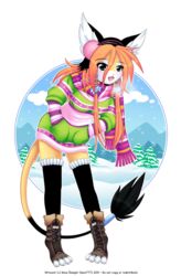 alpha_channel anthro clothing cold earmuffs english_text female footwear legwear luna777 moondog scarf simple_background snow socks solo stockings tail tail_tuft taratsu_(character) text toeless_footwear toeless_socks transparent_background tuft winter