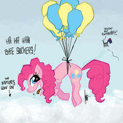 1:1 ant arthropod attached_to_balloon balloon balloon_support dialogue directional_arrow duo earth_pony english_text equid equine female feral friendship_is_magic fur hanging_from_balloon hasbro horse hymenopteran inflatable inflatable_support information_label insects laugh lol_rapture mammal my_little_pony pink_body pink_fur pinkie_pie_(mlp) pony solo_focus tail text theartrix twilight_sparkle_(mlp) up_up_and_away