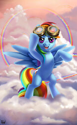 blue_body blue_feathers blue_fur circle cloud double_rainbow equid equine eyewear feathered_wings feathers female feral friendship_is_magic fur goggles hair halo hasbro mammal mewpan multicolored_hair multicolored_tail my_little_pony mythological_creature mythological_equine mythology on_hind_legs outside pegasus rainbow rainbow_arch rainbow_dash_(mlp) rainbow_hair rainbow_tail sky skyscape solo tail wings