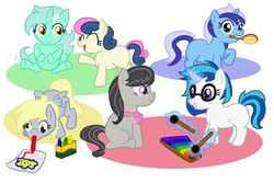 atlur bonbon_(mlp) crayon derpy_hooves earth_pony equid equine feathered_wings feathers female feral friendship_is_magic glockenspiel grey_body grey_feathers group hasbro horn horse lyra_heartstrings_(mlp) mammal minuette_(mlp) musical_instrument my_little_pony mythological_creature mythological_equine mythology octavia_(mlp) pegasus percussion_instrument pony simple_background tail unicorn vinyl_scratch_(mlp) white_background wings