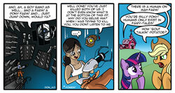 1_eye applejack_(mlp) artificial_intelligence black_text blue_eyes chell clothing comic cowboy_hat crossover dialogue digital_media_(artwork) don_ko earth_pony ellipsis english_text equid equine farm female female_non-humanoid_machine feral food friendship_is_magic frown fully_clothed_female fully_clothed_human fur glados green_eyes group hair hasbro hat headgear headwear horn horse human jumpsuit larger_male larger_non-humanoid_machine machine male male_non-humanoid_machine mammal multicolored_hair my_little_pony mythological_creature mythological_equine mythology non-humanoid_machine open_frown open_mouth orange_jumpsuit orb_robot personality_core_(portal) pink_mouth pink_tongue plant pony portal portal_(series) portal_gun potato potatos_(portal) purple_body purple_eyes purple_fur purple_hair robot shirt size_difference smaller_female smaller_non-humanoid_machine speech_bubble standing surprise tank_top text tongue topwear twilight_sparkle_(mlp) two_tone_hair unicorn valve vegetable wheatley yellow_eyes