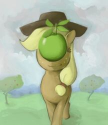 apple applejack_(mlp) clothing detailed_background earth_pony equid equine female feral food friendship_is_magic front_view fruit hasbro hat headgear headwear horse inspired_by_formal_art luna-sedata mammal my_little_pony orchard plant pony rene_magritte smile solo son_of_man surreal surrealism walking