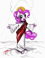 afterhumanity333 anthro anthrofied earth_pony equid equine female friendship_is_magic hasbro horse invisible_pink_unicorn jesus_christ lol_rapture mammal my_little_pony parody pinkie_pie_(mlp) pony religion simple_background solo tail white_background