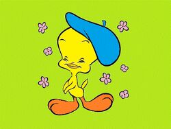 ambiguous_gender anthro avian beak beret bird canary closed_eyes clothing finch flower green_background hat headgear headwear looney_tunes low_res oscine passerine plant simple_background solo textured_background toony tweety_bird unknown_artist warner_brothers