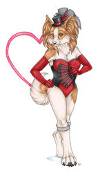 anthro burlesque canid canine canis clothing digitigrade domestic_dog female gloves hand_fan handwear hat headgear headwear heart_symbol korrok looking_at_viewer mammal moulin_rouge papillon pinup pose ribbons showgirl solo tail toy_dog