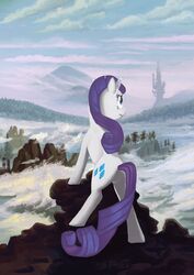 blue_eyes canterlot caspar_david_friedrich castle cliff cutie_mark equestria equid equine female feral fog forest friendship_is_magic hair hasbro hi_res horn inspired_by_formal_art landscape mammal mountain my_little_pony mythological_creature mythological_equine mythology outcrop outside parody plant pose purple_hair quadruped rarity_(mlp) rear_view signature sky solo spectralunicorn sponsz standing tail tree unicorn valley wanderer_above_the_sea_of_fog white_body