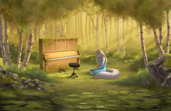 anthro biped blue_mood clearing clothing depressing detailed_background digital_media_(artwork) domestic_cat dress felid feline felis female forest furniture keyboard_instrument kneeling mammal moss musical_instrument nature orange04 outside peaceful piano plant sad scenery scenery_porn solo stool tail tree wood