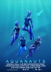 anthro blue_and_white breasts clothing despina dragon equus female group hi_res male monochrome movie_poster mythological_creature mythological_scalie mythology non-mammal_breasts one-piece_swimsuit poster poster_template scalie submarine swimming swimwear tail text title underwater url vehicle water watercraft