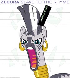 album_cover cover ear_piercing equid equine female feral friendship_is_magic gaping_mouth grace_jones hasbro kinkyturtle mammal my_little_pony open_mouth parody piercing simple_background solo stripes white_background zebra zecora_(mlp)