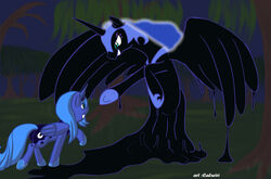 alicorn black_body black_feathers blue_body blue_feathers caluriri cutie_mark detailed_background duo equid equine feathered_wings feathers female feral forest friendship_is_magic hasbro horn mammal my_little_pony mythological_creature mythological_equine mythology night nightmare_moon_(mlp) outside plant princess_luna_(mlp) quadruped shadow tail tree wings wood