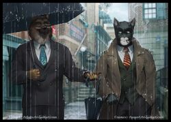 anthro black_body black_fur blacksad bottomwear brick brown_body brown_fur canid canine canis chief_smirnov cigarette city clothed clothing coat collaboration dasaod defago detailed_background domestic_cat domestic_dog dress_shirt duo eyewear felid feline felis fully_clothed fur german_shepherd glasses herding_dog holding_object holding_umbrella jacket john_blacksad looking_at_another male mammal necktie outside pants pastoral_dog raining shirt signature smoke smoking stairs suit text topwear umbrella url white_body white_fur