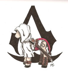 2011 assassin&#039;s_creed bottomless clothed clothing crossover cutie_mark earth_pony equid equine ezio_auditore friendship_is_magic fur hasbro hood hooves horse knife male mammal melee_weapon my_little_pony ponification pony scabbard sheathed_weapon side_view simple_background solo sword tan_body tan_fur ubisoft unknown_artist weapon white_background