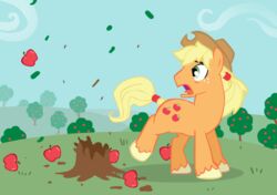 apple applejack_(mlp) big_eyes blonde_hair clothing cowboy_hat cutie_mark day earth_pony equid equine feral food freckles friendship_is_magic fruit ftm_crossgender fur grass green_eyes hair hasbro hat hat_only headgear headgear_only headwear headwear_only hooves horse looking_back male mammal mostly_nude my_little_pony oops open_mouth orange_body orange_fur outside plant pony ponytail quadruped rule_63 side_view sky solo tail tongue toony tree tree_stump trotsworth