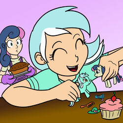 1:1 5_fingers ^_^ alternate_species apron aquamarine_shirt aquamarine_t-shirt aquamarine_topwear arms_bent bakers&#039;_confectionery black_eyebrows blue_eyes blue_hair bonbon_(mlp) breasts brush cherry closed_eyes clothed clothing comb_(brush) confectionery confusion cupcake curled_hair curved_eyebrows dark_eyebrows dark_pupils dessert doll duo ear_piercing ear_stud equid equine eyebrows eyelashes eyelids female feral fingers food friendship_is_magic frilly frilly_apron frilly_clothing fruit gloves hair hairbrush handwear happy hasbro holding_doll holding_food holding_object holding_pie holding_tray horse human human_only humanized humanoid_ears humanoid_face humanoid_hands humanoid_nose iris lidded_eyes light_body light_clothing light_ears light_face light_hair light_hands light_inner_ear light_nose light_shirt light_skin light_topwear looking_at_another lyra_heartstrings_(mlp) mammal mittens monotone_apron monotone_body monotone_clothing monotone_face monotone_hands monotone_handwear monotone_inner_ear monotone_mittens monotone_oven_mitts monotone_shirt monotone_skin monotone_t-shirt monotone_topwear multicolored_hair my_little_pony not_furry open_mouth open_smile oven_mitts pastry pie piercing plant playing playing_with_dolls playing_with_toys pony pupils purple_apron purple_background purple_clothing purple_handwear purple_mittens purple_oven_mitts red_tongue shirt simple_background small_iris small_pupils smile source_request square_crossover stud_piercing t-shirt tan_body tan_clothing tan_ears tan_face tan_hands tan_inner_ear tan_nose tan_shirt tan_skin tan_t-shirt tan_topwear teeth thin_eyebrows tongue topwear toy tray tucked_arms turquoise_hair two_tone_hair unknown_artist violet_red_hair white_hair