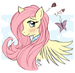 arthropod blue_eyes butterfly collar equid equine feathered_wings feathers female feral fluttershy_(mlp) friendship_is_magic hair hasbro heart_symbol insect_wings insects joakaha lepidopteran mammal my_little_pony mythological_creature mythological_equine mythology pegasus pink_hair solo wings yay yellow_body yellow_feathers