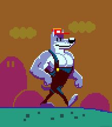 anthro canid canine canis clothing cloud digital_media_(artwork) hat headgear headwear low_res male mammal mario_bros muscular muscular_anthro muscular_male nintendo pixel_(artwork) plumber poop_(artist) pose solo suspenders walking wolf