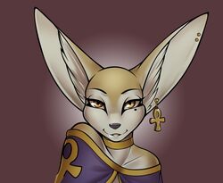 2011 amber_eyes ambiguous_gender ankh anthro big_ears birthmark black_nose brown_background bust_portrait canid canine clothing collar digital_media_(artwork) ear_piercing egyptian fennec_fox fox front_view gradient_background hairless jaspian looking_at_viewer mammal markings piercing portrait simple_background smile solo theblackrook true_fox