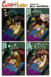 2:3 alarm_clock anthro bed calvin_(calvin_and_hobbes) calvin_and_hobbes clock closed_eyes comic countershading different_sound_effects duo eating felid furniture galgard hobbes human humor male mammal morning night noisy pantherine ringing sleeping snoring sound_effects stripes tail tiger vowelless vowelless_sound_effect zzz