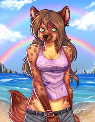 anthro beach clothed clothing cloud detailed_background double_rainbow ear_piercing female green_eyes hi_res hyena ivybeth jewelry looking_at_viewer mammal outside piercing rainbow saetia sand sea seaside shirt sky smile solo spotted_hyena tail topwear underwear water