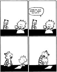 bill_watterson black_and_white calvin_(calvin_and_hobbes) calvin_and_hobbes comic continuation eye_contact felid happy happy_ending hobbes hug human looking_at_another male mammal monochrome pantherine sad stripes tiger toy