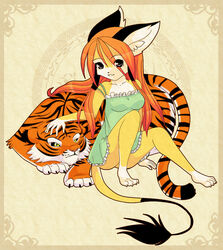 4_toes anthro barefoot black_markings claws clothed clothing dress duo feet felid female feral fur luna777 mammal markings moondog open_mouth orange_body orange_fur pantherine plantigrade sitting tail tail_tuft taratsu_(character) tiger toes tuft yellow_eyes