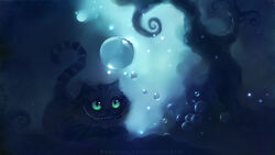 16:9 alice_in_wonderland alice_in_wonderland_(2010) alice_in_wonderland_(disney) ambiguous_gender apofiss blue_theme bubble cheshire_cat cheshire_cat_(disney) cheshire_cat_(species) cool_colors disney domestic_cat felid feline felis feral fungus green_eyes grin mammal mushroom plant smile solo stripes surreal tail teeth tree wallpaper widescreen wood