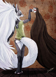 abstract_art anthro ass beverage canid canine coffee container cup digital_media_(artwork) digital_painting_(artwork) eyewear female fluffy fluffy_tail food fox full-length_portrait fur glasses grey_body grey_fur hair huge_hair long_hair mammal mearu oliverfox portrait rear_view solo tail white_body white_fur white_hair