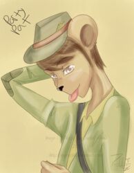 adventure_time anthro bear black_nose brown_hair cartoon_network character_name clothed clothing english_text fedora fur grey_eyes hair hand_behind_head hat headgear headwear male mammal party_bear party_pat shirt short_hair side_view solo tan_body tan_fur text tongue tongue_out topwear unknown_artist