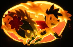 ambiguous_gender back_plant back_shrub carving digitigrade duo elemental_creature feral flora_fauna flower flower_(anatomy) food fruit generation_4_pokemon head_flower jack-o&#039;-lantern joh-wee land_forme_shaymin legendary_pokemon nintendo plant pokemon pokemon_(species) pumpkin quadruped shaymin sky_forme_shaymin