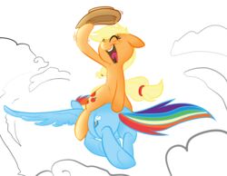 accessory alpha_channel applejack_(mlp) ass backwards blonde_hair blue_body blue_feathers blue_fur clothing cloud cowboy_hat cutie_mark dr._strangelove_or:_how_i_learned_to_stop_worrying_and_love_the_bomb duo earth_pony equid equine feathered_wings feathers female feral flying friendship_is_magic fur hair hair_accessory hairband hasbro hat headgear headwear horse humor mammal mane multicolored_hair multicolored_tail my_little_pony mythological_creature mythological_equine mythology open_mouth outside parody pegasus pony pun rainbow_dash_(mlp) rainbow_hair rainbow_tail simple_background sky tail transparent_background unknown_artist wings