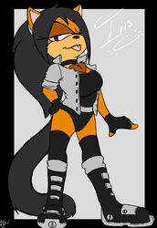 anthro black_hair boots breasts brown_body brown_fur bubble_kitten17 chest_tuft clothing collar domestic_cat fan_character felid feline felis female footwear fur gloves hair handwear iris_the_cat jacket mammal one-piece_swimsuit pose purple_eyes sega solo sonic_the_hedgehog_(series) swimwear tail tongue tongue_out topwear tuft