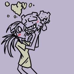 1:1 ambiguous_gender arms_bent blush drawfag159381 duo female gas_mask generation_1_pokemon hair heart_formation heart_symbol holding_character hug human low_res mammal mask nintendo pokemon pokemon_(species) pokemon_trainer ponytail purple_background purple_theme romantic romantic_couple simple_background smoke smoke_heart weezing