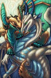 2011 acidapluvia akki_(acidapluvia) big_ears byzil closed_eyes dragon duo face_lick female feral green_eyes horn licking male membrane_(anatomy) membranous_wings mythological_creature mythological_scalie mythology open_mouth scalie tongue tongue_out wings