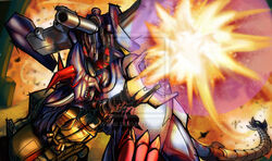 back_cannon bandai_namco cannon claws cybernetics cyborg deckergreymon dhelios digimon digimon_(species) explosion machine male ranged_weapon solo tail teeth visor watermark weapon wings