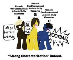 american_football black_hair blonde_hair blue_body blue_fur brown_body brown_fur brown_hair bully dialogue english_text equid equine feathered_wings feathers feral friendship_is_magic fur group hair hasbro male mammal my_little_pony mythological_creature mythological_equine mythology pegasus sarcasm screaming simple_background sport stereotype text the_truth tongue unknown_artist white_background wings yelling yellow_body yellow_fur