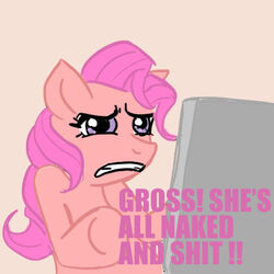 1:1 computer dialogue disgust electronics english_text equid equine female feral friendship_is_magic frown fur hair hasbro horse i_can&#039;t_fap_to_this low_res mammal meme my_little_pony pink_body pink_fur pink_hair pinkie_pie_(mlp) pony purple_eyes reaction_image simple_background solo source_request text unknown_artist