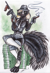 2011 anthro biped blonde_hair breasts cigar cleavage clothed clothing fedora female gangster green_eyes gun hair hat headgear headwear looking_at_viewer mammal mephitid money necktie pinstripes ranged_weapon shiverz sitting skimpy skunk smoking solo submachine_gun tail thompson_gun weapon