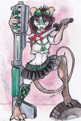 anthro biohazard_symbol biohazard_symbol_print blood bodily_fluids bottomwear clothed clothing crop_top eyewear female full-length_portrait goggles gun hazard_symbol hazard_symbol_print knife licking looking_at_viewer mammal mouse murid murine piercing portrait print_clothing print_crop_top print_shirt print_topwear ranged_weapon red_eyes rodent shirt shiverz skimpy skirt solo symbol tail tongue tongue_out topwear traditional_media_(artwork) weapon