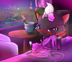 accessory alcohol anthro bathrobe bed beverage biped blush bow_(feature) bow_accessory bow_ribbon centered_hair_bow clothing detailed_background diana_(jewelpet) domestic_cat felid feline felis female food furniture hair_accessory hair_ribbon hairbow head_tuft inside jewelpet looking_at_viewer mammal munchkin_cat on_bed ribbons robe ryo86 sanrio seductive sega sega_fave sitting solo tail tuft window wine