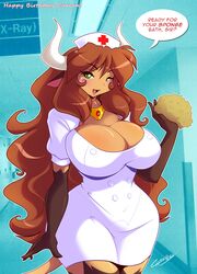 anthro big_breasts bovid bovine breasts brown_body brown_fur brown_hair cattle chalo cleavage clothed clothing curvy_figure dialogue diana_linda english_text eyebrows eyelashes female fur green_eyes hair headdress horn huge_breasts humanoid_face las_lindas long_hair looking_at_viewer mammal mature_anthro mature_female nurse nurse_clothing nurse_uniform open_mouth signature solo sponge tail talking_to_viewer teeth text thick_thighs tongue uniform voluptuous wide_hips