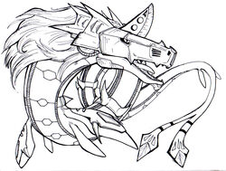 armor bandai_namco black_and_white chibigingi digimon digimon_(species) dragon fin forked_tail front_view hair headgear helmet horn line_art male metalseadramon monochrome mythological_creature mythological_scalie mythology open_mouth reptile scalie sea_serpent serpentine simple_background snake solo tail tongue unusual_anatomy unusual_tail white_background